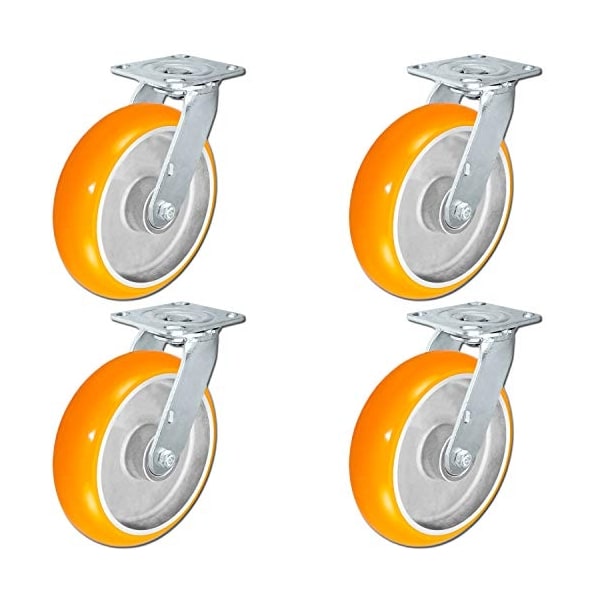 8"x2" Non-Marking Orange Tread Polyurethane Casters, 4 Swi